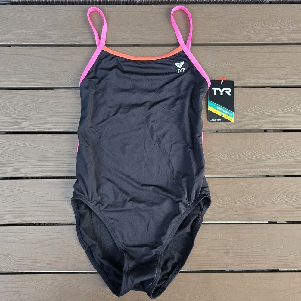 TYR Women's Durafast Solid Brite Trinityfit Swimsuit Black/pink/red , Sz 34 New